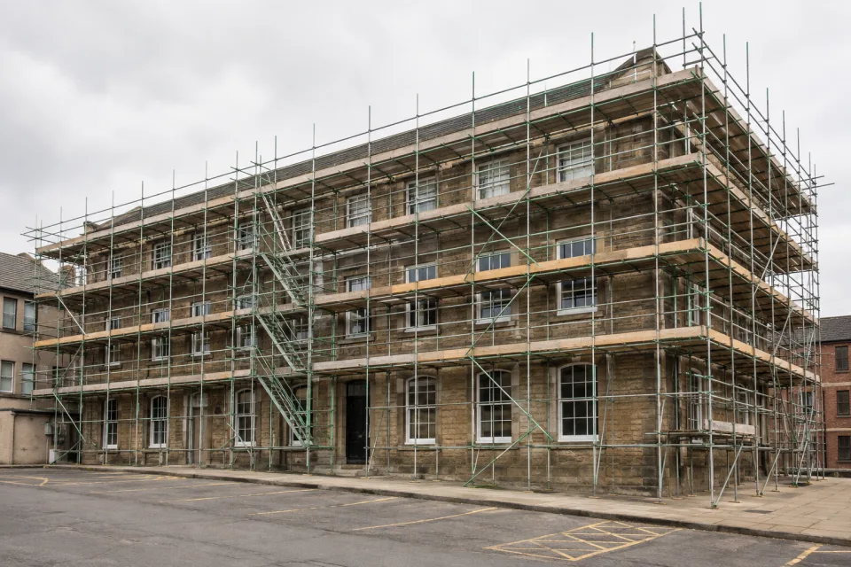 Completed commercial scaffold around a larger building