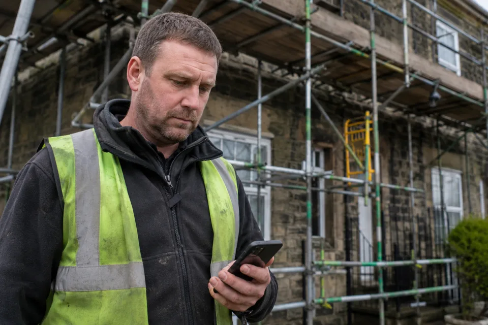 Scaffolder checking a phone-based job brief on site