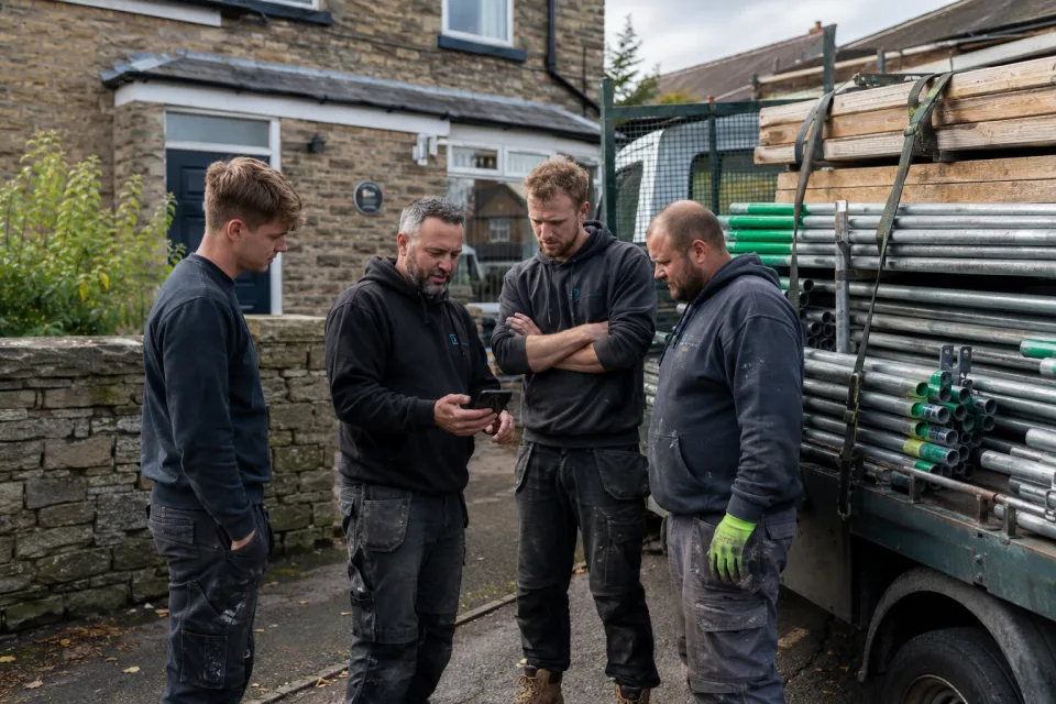 Scaffolding gang briefing photograph paired with a fictional job management record