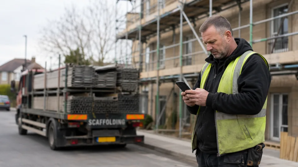 Scaffolder checking job information on a phone beside a scaffolded residential site