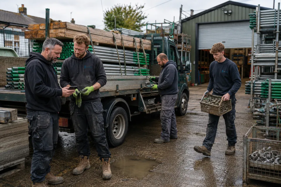 Scaffolding workforce yard photograph paired with a fictional timesheet record
